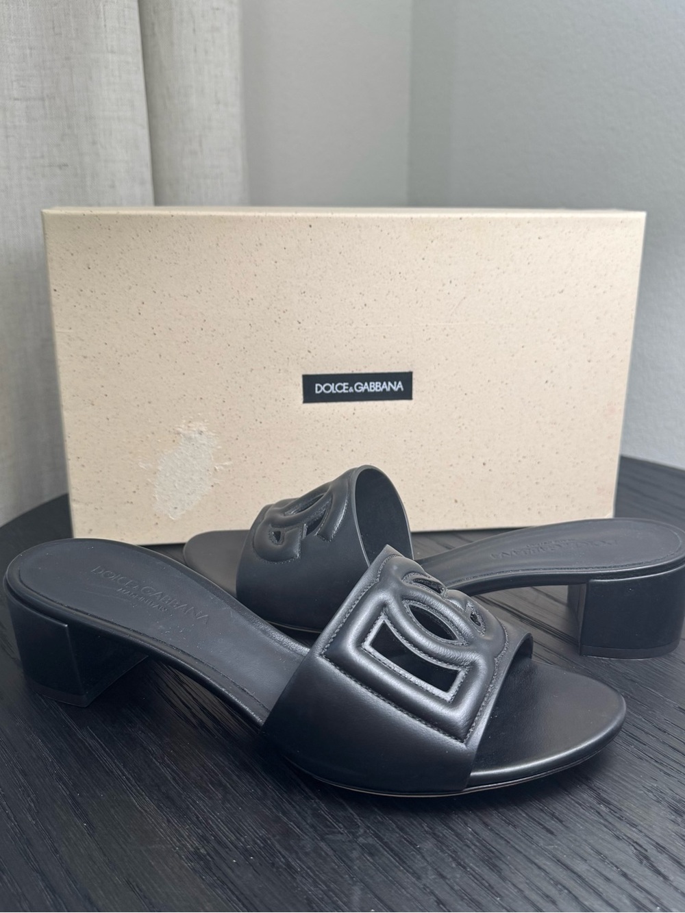 Dolce & Gabbana Interlocking DG Slide Sandal Mules Leather Black 37.5